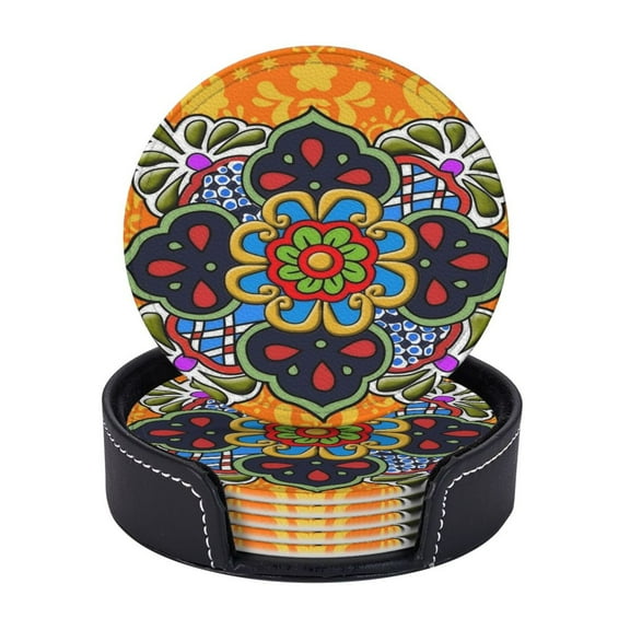 Mexican Talavera Flower Coasters With Leather Holder Set Of 6 Round Coasters for Home and Kitchen Decor
