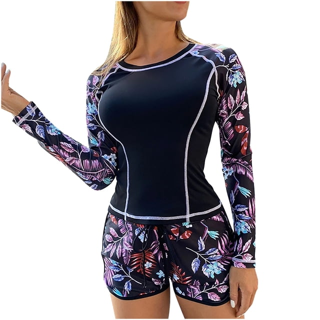 Penkiiy Womens Rash Guard Swimsuit Long Sleeve Sun Protection Sport Printed Wetsuit Two Piece Swimsuit Set M Black