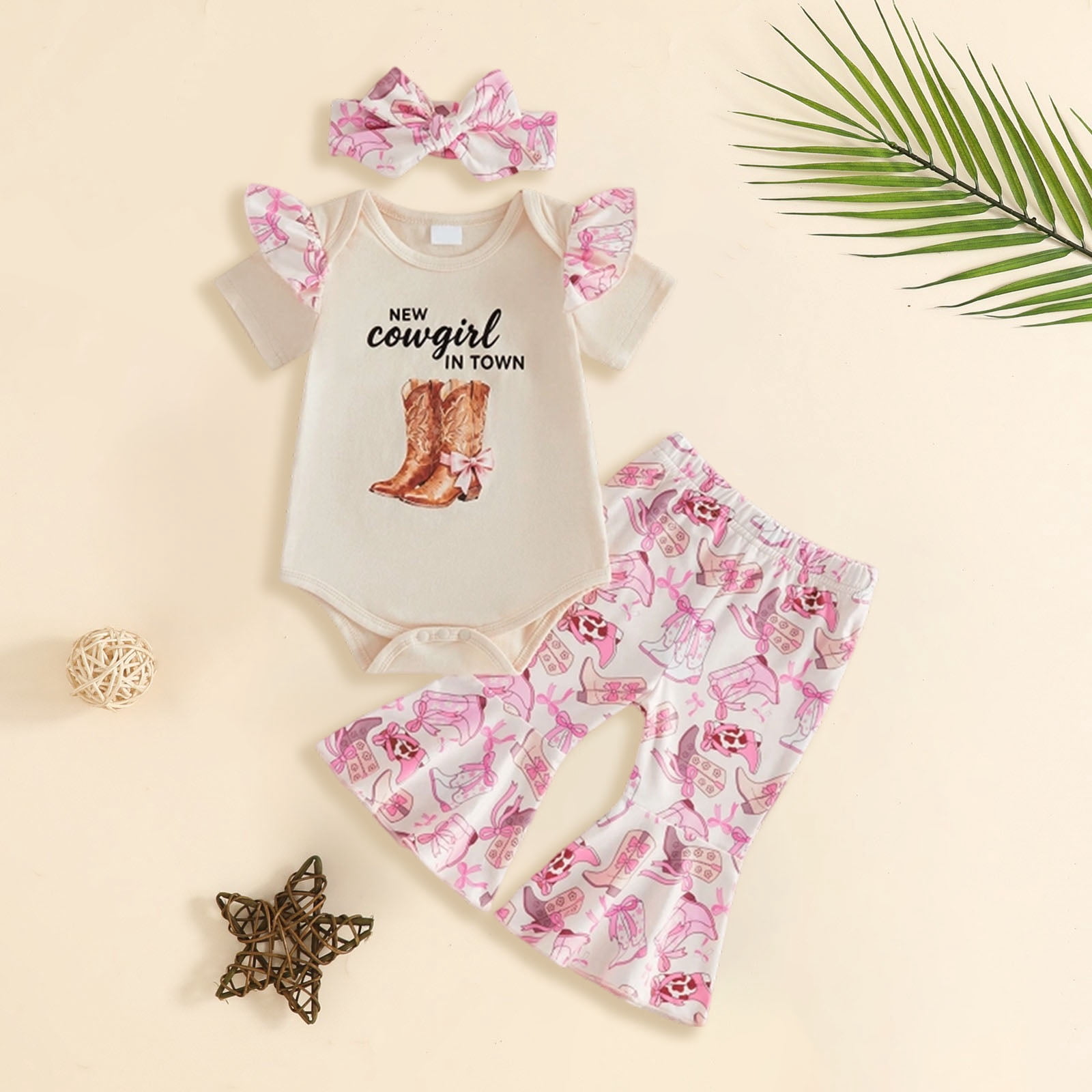 Faraee Baby Girl Clothes Newborn Outfits with Headband Letter Short Sleeve Romper Cow Print Flare Pants 3Pcs Summer Set (6-12M,Beige)