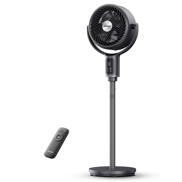 PELONIS AeroFan 2 en 1, ventilador de mesa y ventilador de pedestal, 22 pies/s, OmniFlow (oscilación automática de 135°+90°), ventilador de piso silencioso de 23 dB con 3 velocidades, control remoto