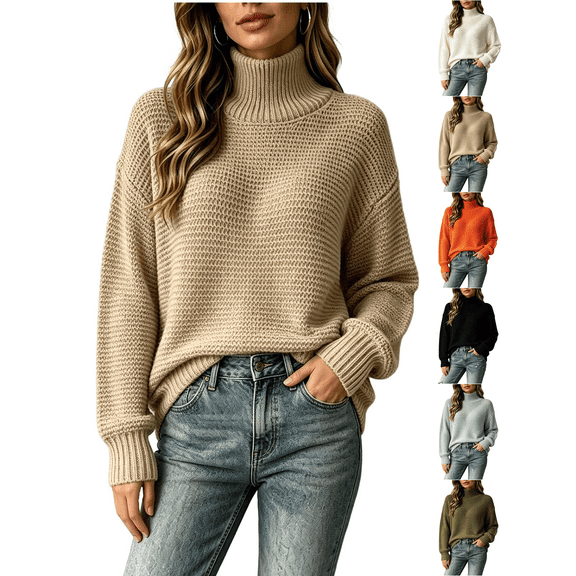Liuinsasek Womens Winter High Neck Chunky Knitted Sweater Fashionable Loose Long Sleeved Pullover Top Drop Shoulders Relaxed and Casual Sweater