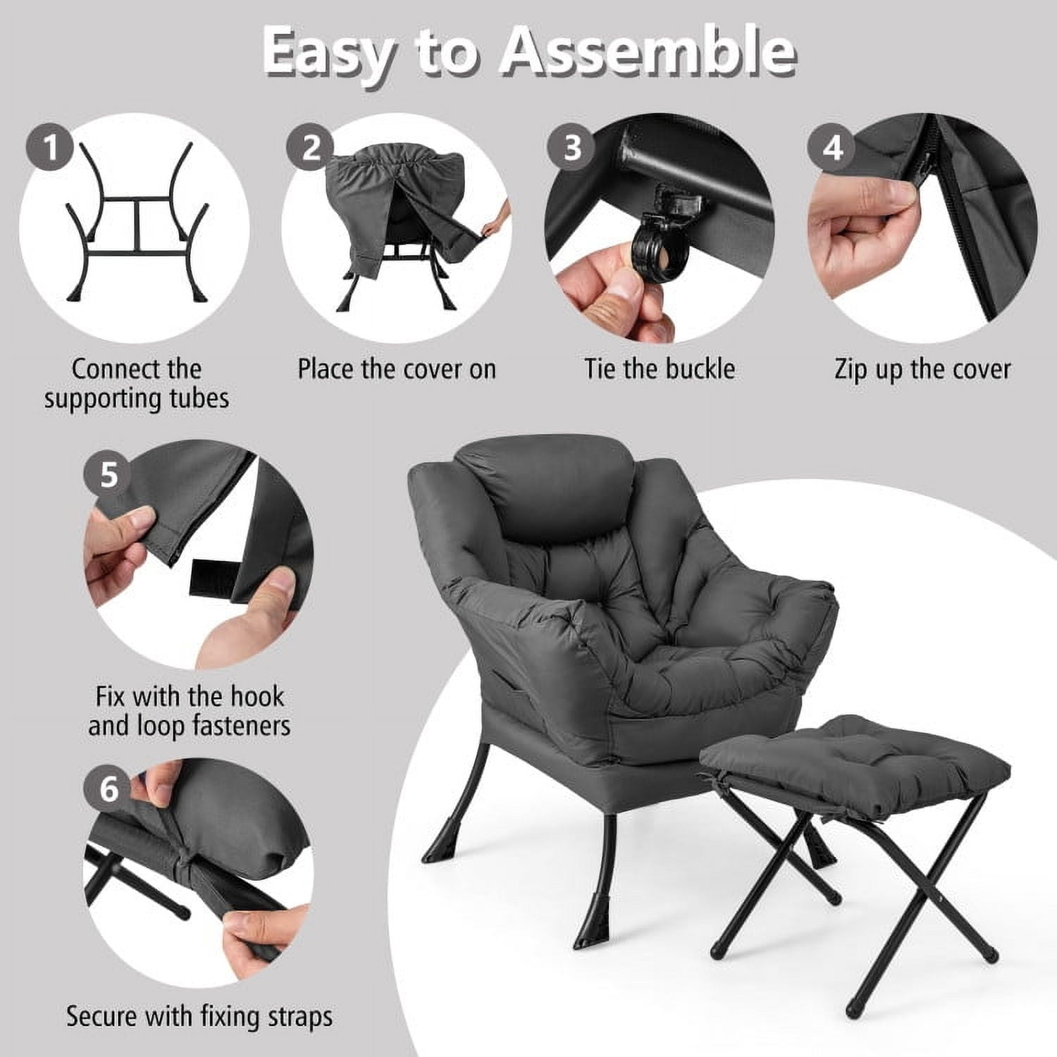 Demi Bonn Accent Sofa Chair, Recliner Chair with Ottoman Footrest, Modern Accent Sofa Chair with Folding Footrest and Side Pocket, for Living Room, Bedroom, Gray