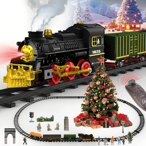 Teblint Train Set Toy with Remote Control, Electric Toy Train with Smoke, Lights & Sound, Rechargeable Steam Locomotive Engine Train Toy for 3 4 5 6 7 8 Years Old Kids, Christmas Birthday Gift