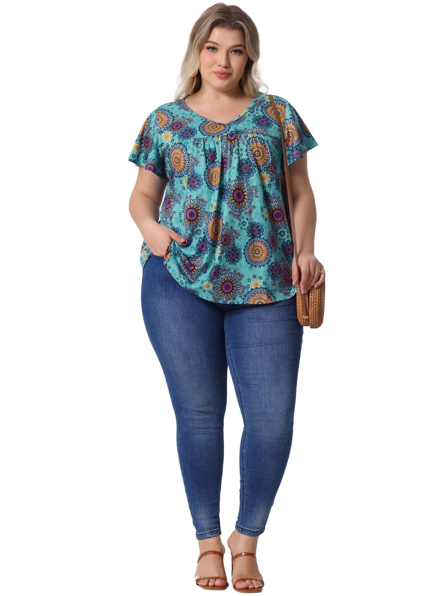 DARING DIVA Women's Plus Ruffle Boho Floral T Shirt 2X Blue Orange Circle