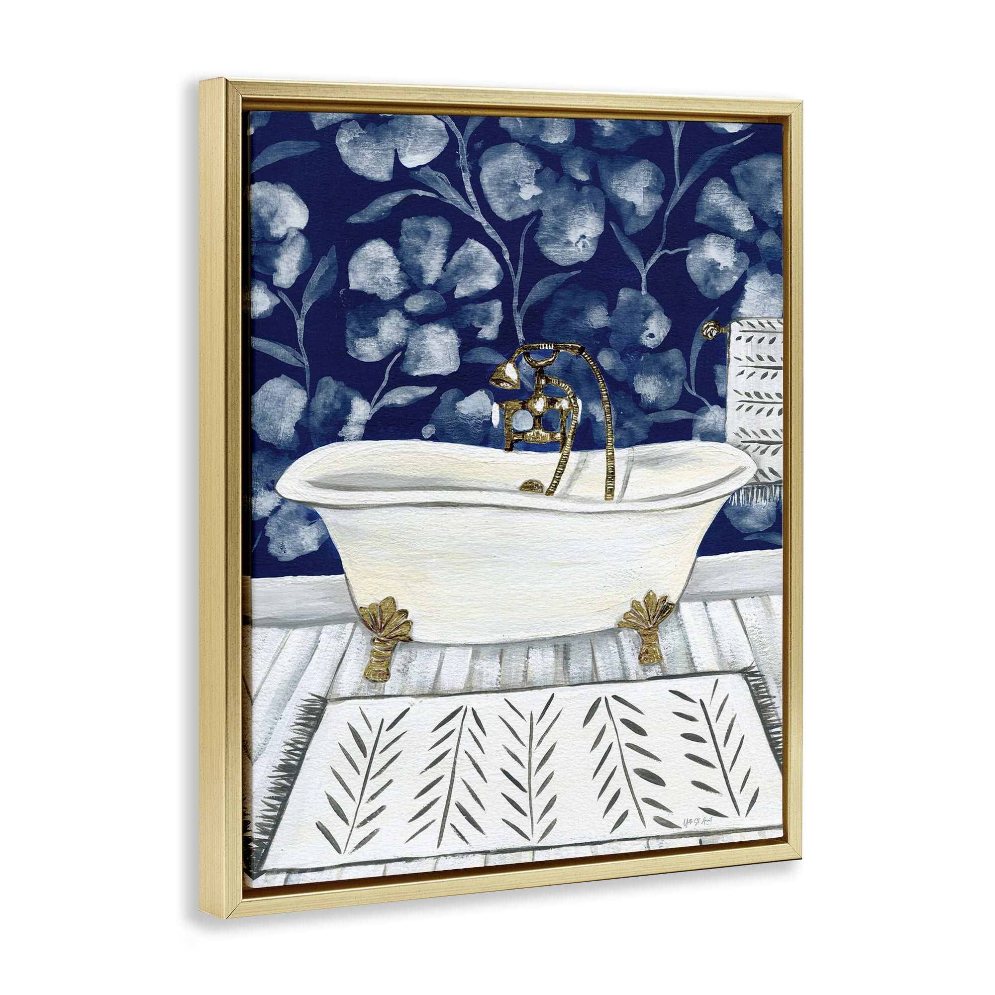Stupell Industries Bold Blue Bathtub Typography Painting Gold Floater Framed Canvas Art Print Wall Art, 17 x 21
