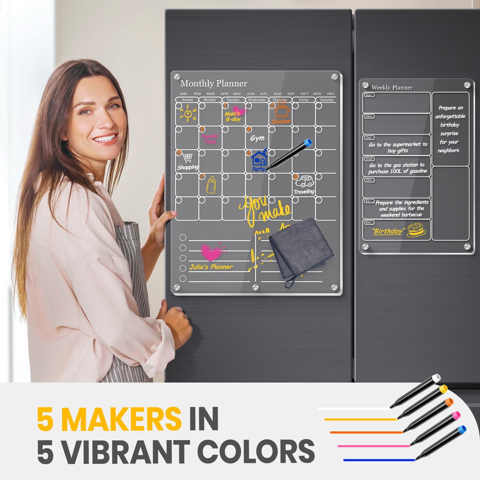Clear Acrylic Magnetic Calendar for Refrigerator- Sleek Dry Erase Board & Chore Chart for Fridge, Perfect Family Organizer, Includes 5 High-Contrast Markers for Stainless Steel & White Kitchens