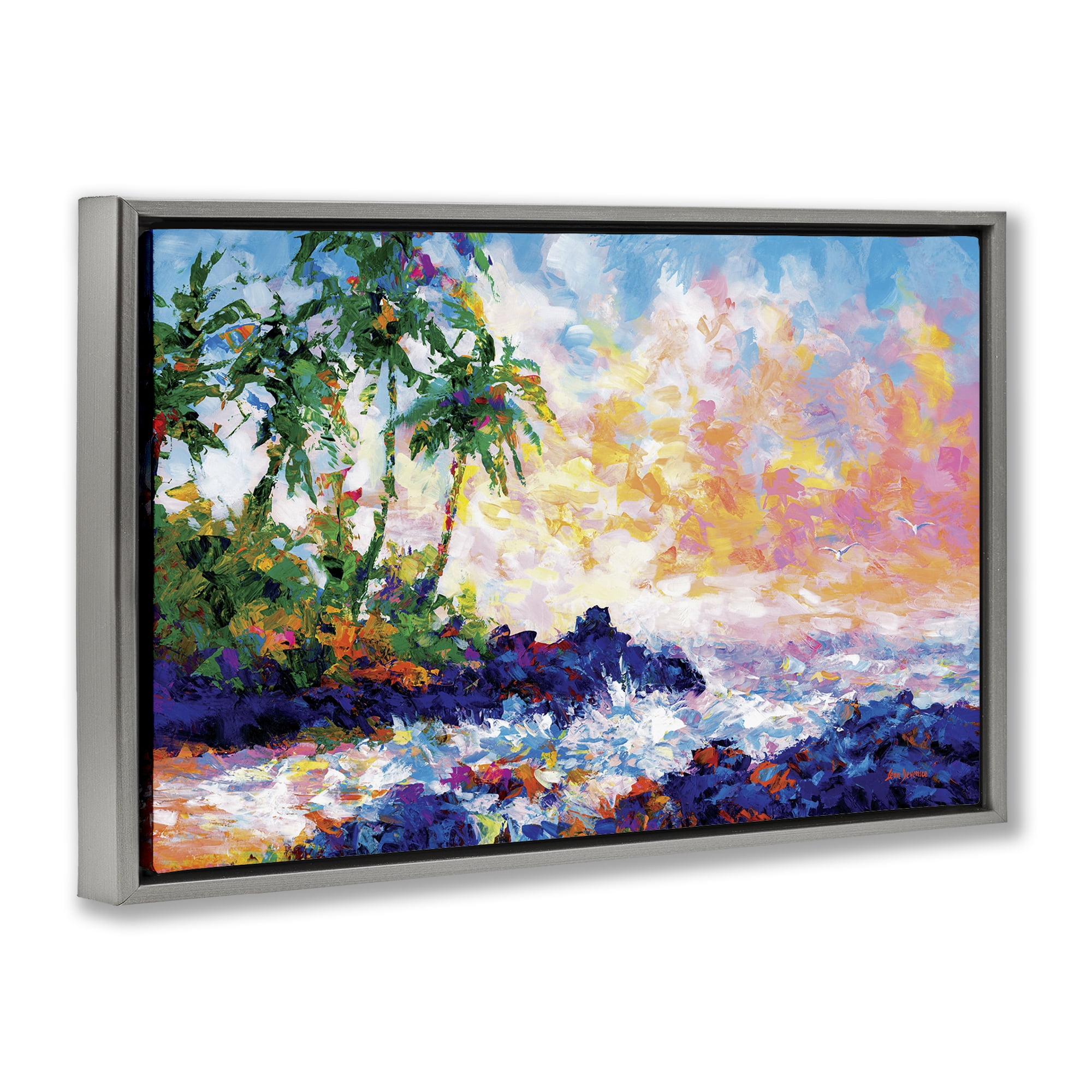 Stupell Industries Waves on Tropical Beach Landscape Painting Gray Floater Framed Canvas Art Print Wall Art, 31 x 21