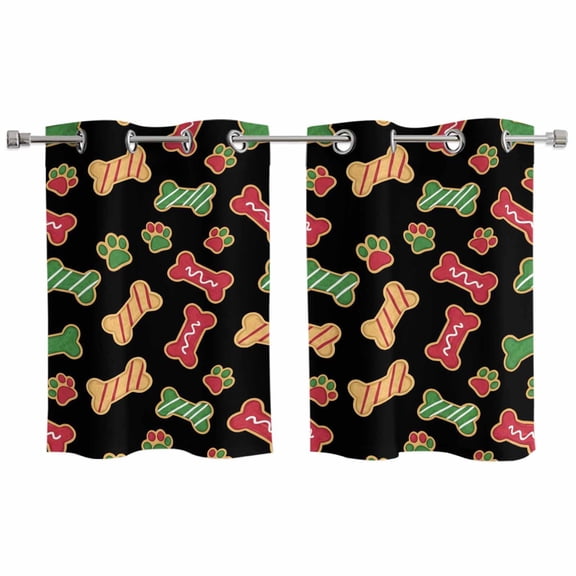 Merry Christmas Kitchen Curtains Window Panels, Abstract Pets Footprints Bones Red Green Insulated Window Treatment Curtain, Grommet Curtains for Bedroom/Living Room/Bathroom, 2 Piece 27.5"Wx39"L