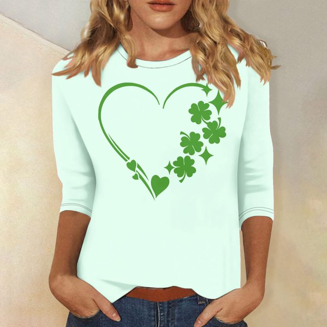 Meichang T-Shirts Verts pour Femmes, T-Shirts de la Saint-Patrick, T-Shirts Graphiques Trèfle, Manches 3/4, Col Rond, Tops Irlandais