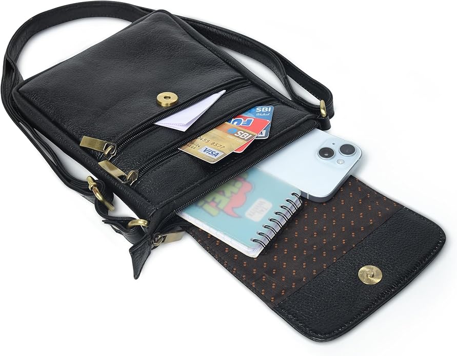 ADYAN Black Genuine Leather Crossbody Messenger Bag for Men and Women Travel Shoulder Bag with Adjustable Straps Compact Stylish Everyday Pouch for Office Work and Casual Use 7x8.5x1.5 Inch