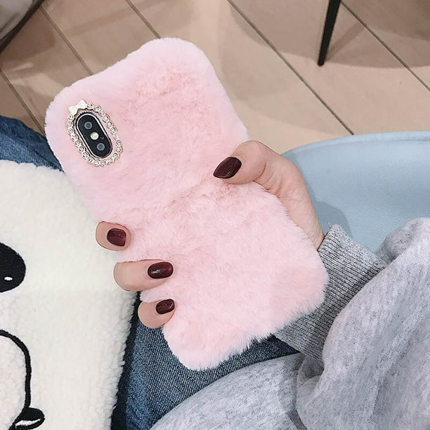 Funda de teléfono con colgante de amor de lujo para iPhone, 12 Pro Max, 14, 13, 11, X, XS, XR, 8, 7, 6, 6S Plus, SE, 2020, 5S, bonita, cálida, de felpa, de invierno Fivean unisex