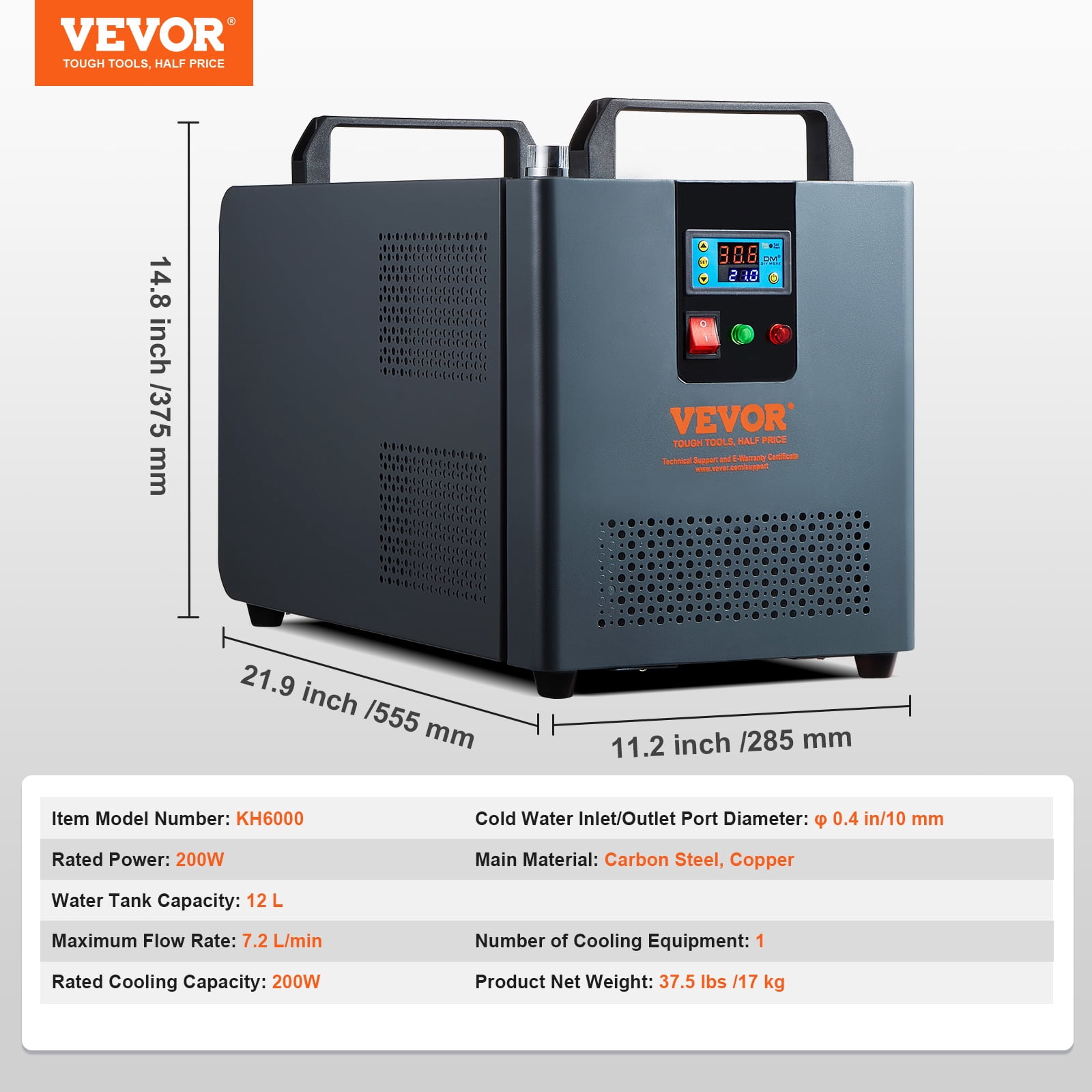 VEVOR Industrial Water Chiller, KH-6000, 200W Industrial Water Cooler Cooling System with Compressor 12 L Water Tank Capacity 7.8 L/Min Max Flow Rate, for CO2 Laser Engraving Machine Cooling Machine