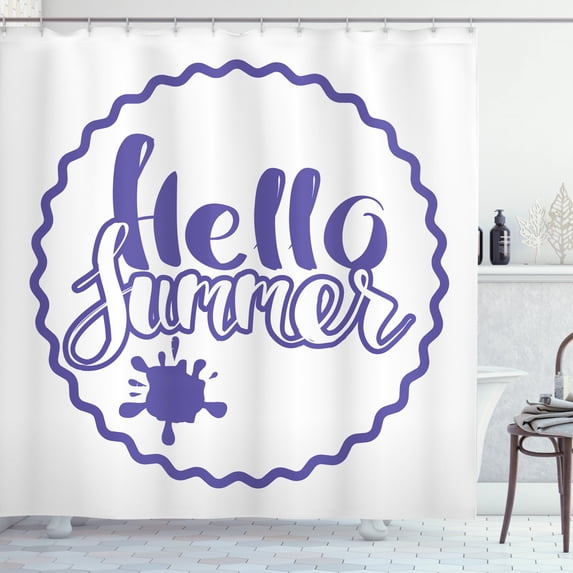 Hello Summer Shower Curtain, Hello Summer Lettering in Funky Circle Frame and Splashed Drop, Fabric Bathroom Set with Hooks, 69W X 84L Inches Extra Long, Blue Violet and White, by Ambesonne