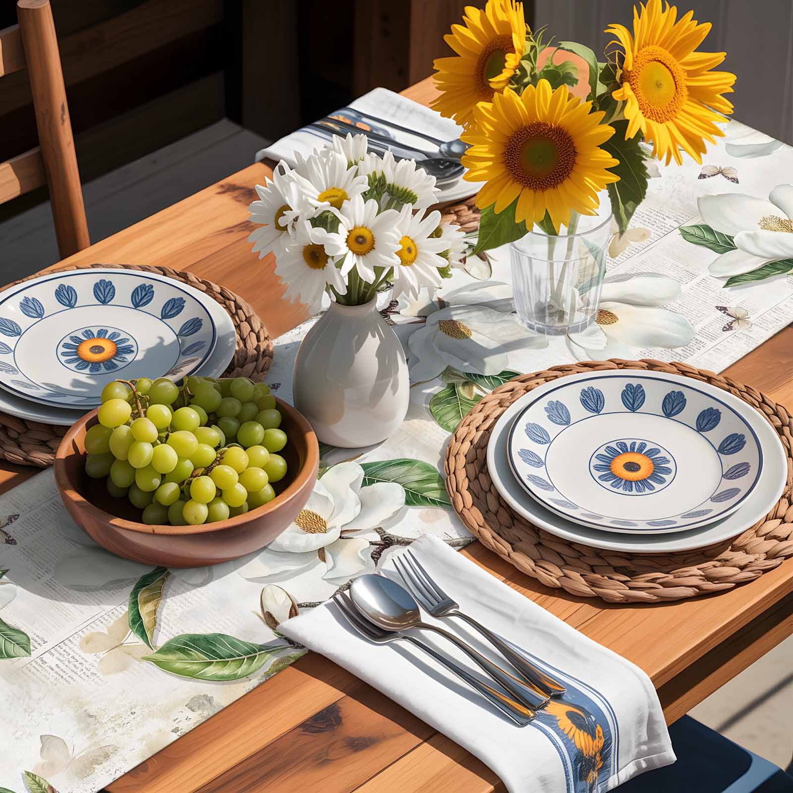Retro Magnolia on Newspaper Table Runner 90 Inches Long, Butterfly White Floral Green Leaf Table Runners Tabletop Scarf Kitchen Dining Tables Decoration for Home Party Indoor Outdoor