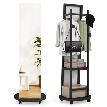 Costway Coat Rack with Full Length Mirror, 3 Hooks & Storage Shelves, 360° Swivel Wheels Black