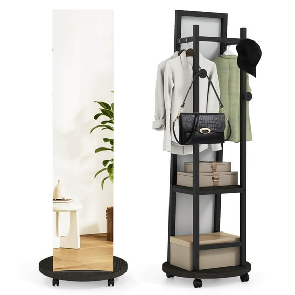 Costway Coat Rack with Full Length Mirror, 3 Hooks & Storage Shelves, 360° Swivel Wheels Black