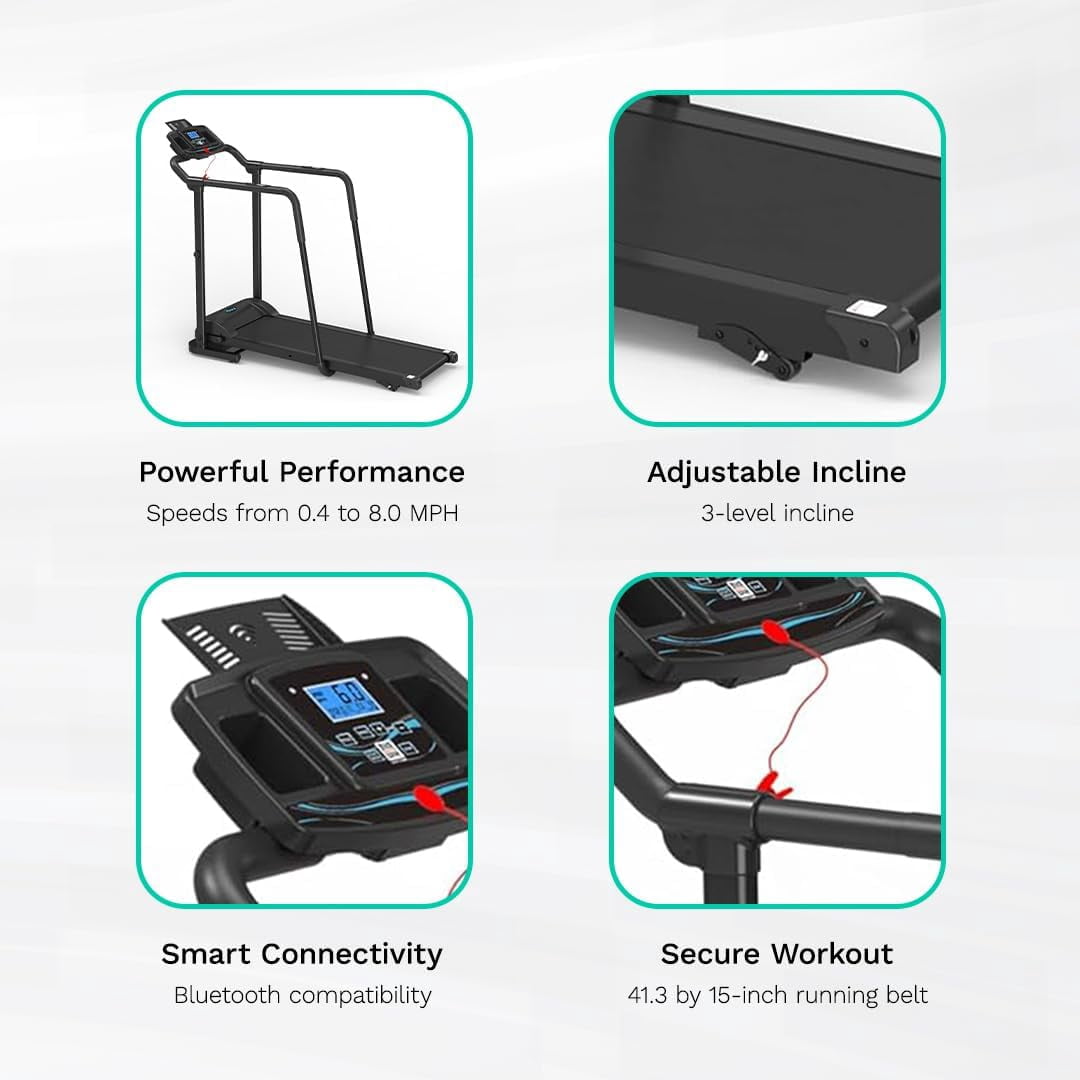 Ksports Advanced Rehab Walking Treadmill, 2.25HP Motor, 287 LB Capacity, 0.4-8.0 MPH, Bluetooth, 3-Level Incline, Foldable, LCD Display, Removable Handrails