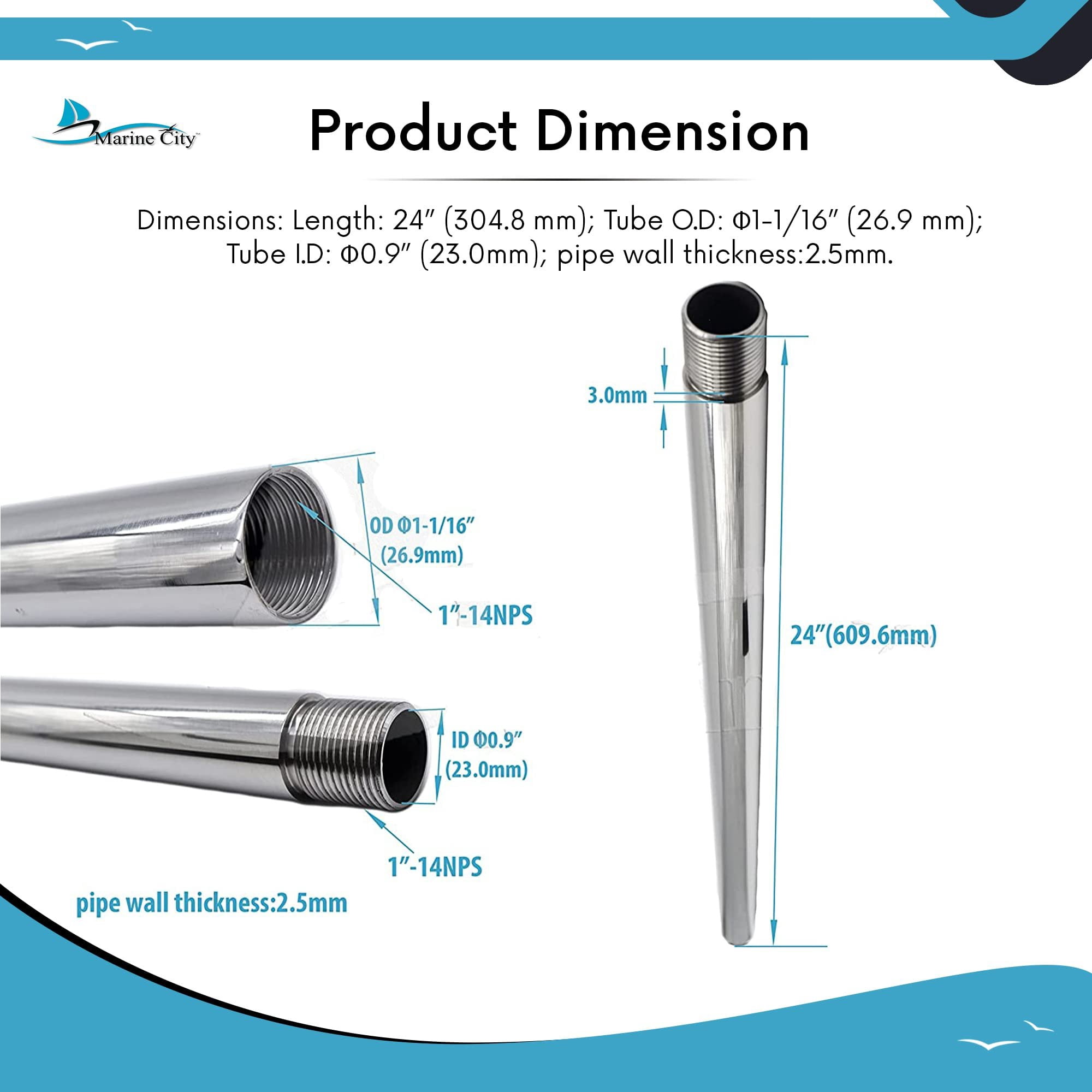 MARINE CITY 24 Inches Antenna Base Mount Extension Mast, Heavy-Duty 304 Stainless Steel, Corrosion-Resistant, 1 Inch-14 Threads, Perfect for Boats, Yachts, and Kayaks