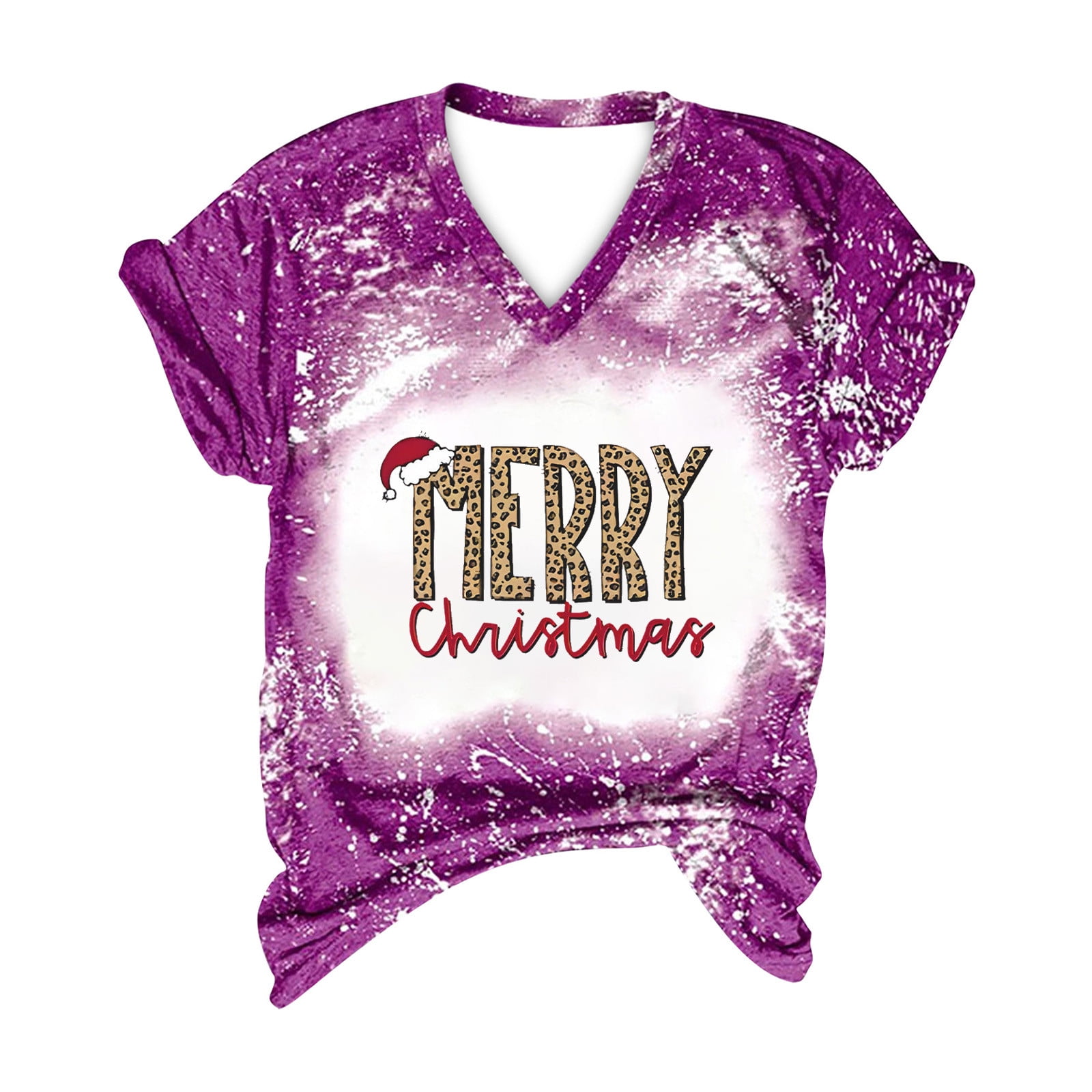 Merry Christmas Shirts Women Xmas Short Sleeve VNeck Tee Tops Letter Print Bleached Holiday T