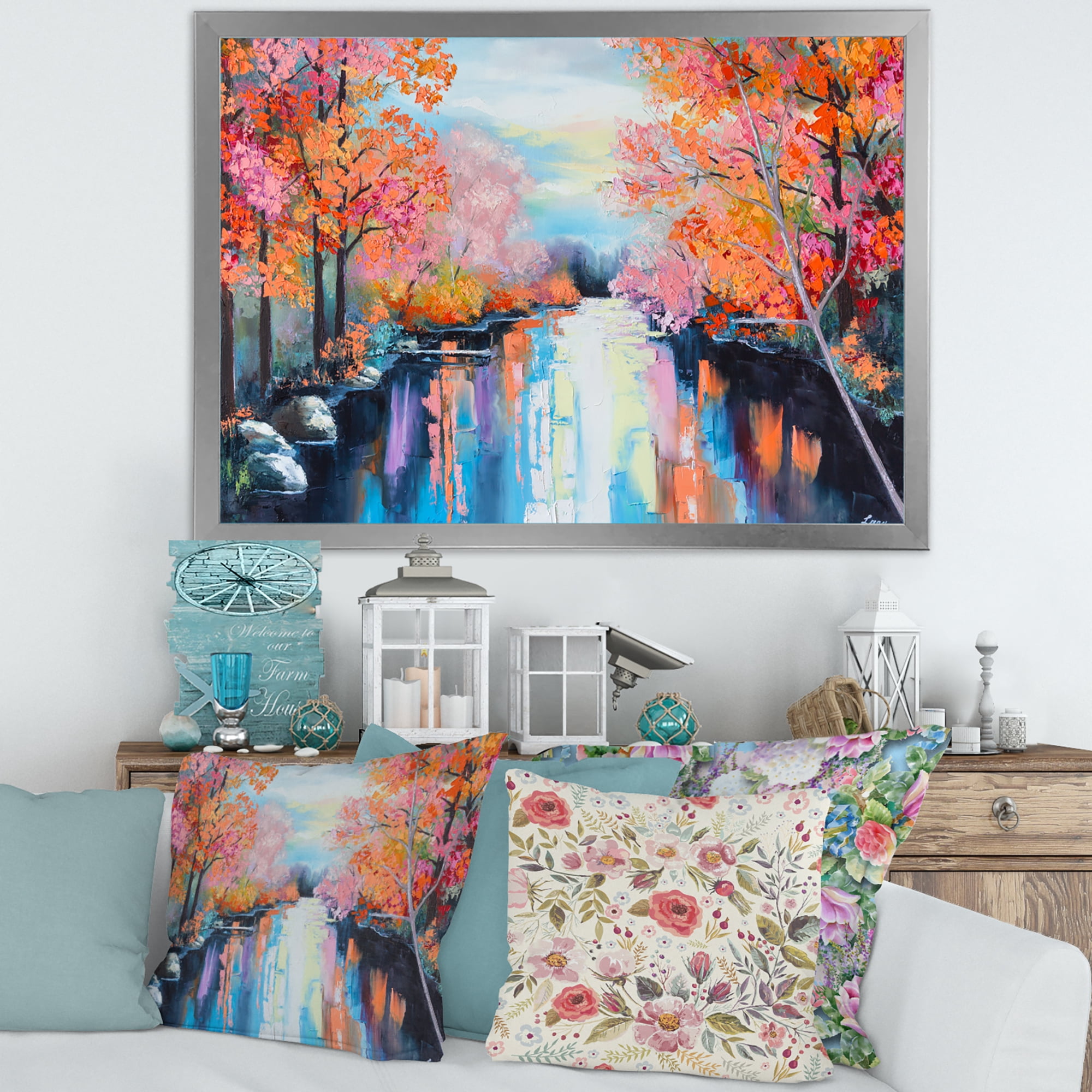 Designart 'The River Through Orange Autumn Forest' Lake House Framed Art Print