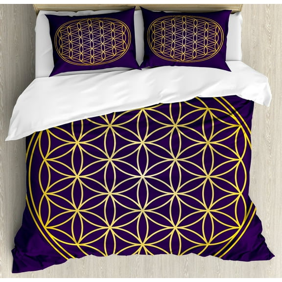 Abstract Duvet Cover Set, Geometric Curved Rounds Shape Overlapping Circles Image, Decorative 3 Piece Bedding Set with 2 Pillow Shams, Queen Size, Dark Purple Earth Yellow, by Ambesonne