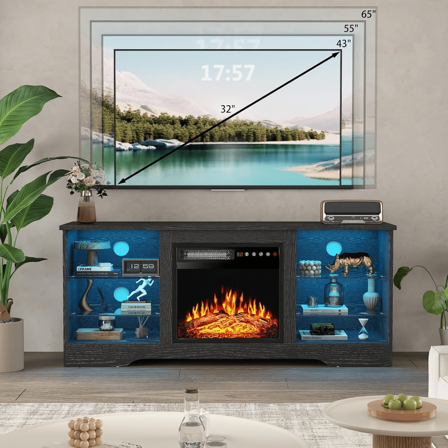 BOSSIN 58" Fireplace TV Stand for 65 inch TV Console with 18'' Electric Fireplace & Remote, Wooden Modern Entertainment Center for Living Room with LED Light Glass Shelves