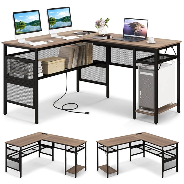 Costway Bureau d'Ordinateur en L Réversible avec Station de Recharge, Tablette Ajustable, Support pour CPU