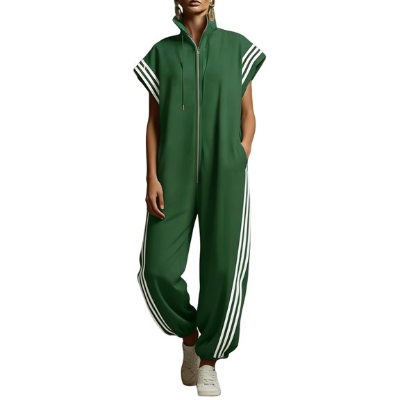 Women'S Zipper Stand Collar Striped Color Block Fashion Long Jumpsuit Casual Chic One-Piece Outfit Green S