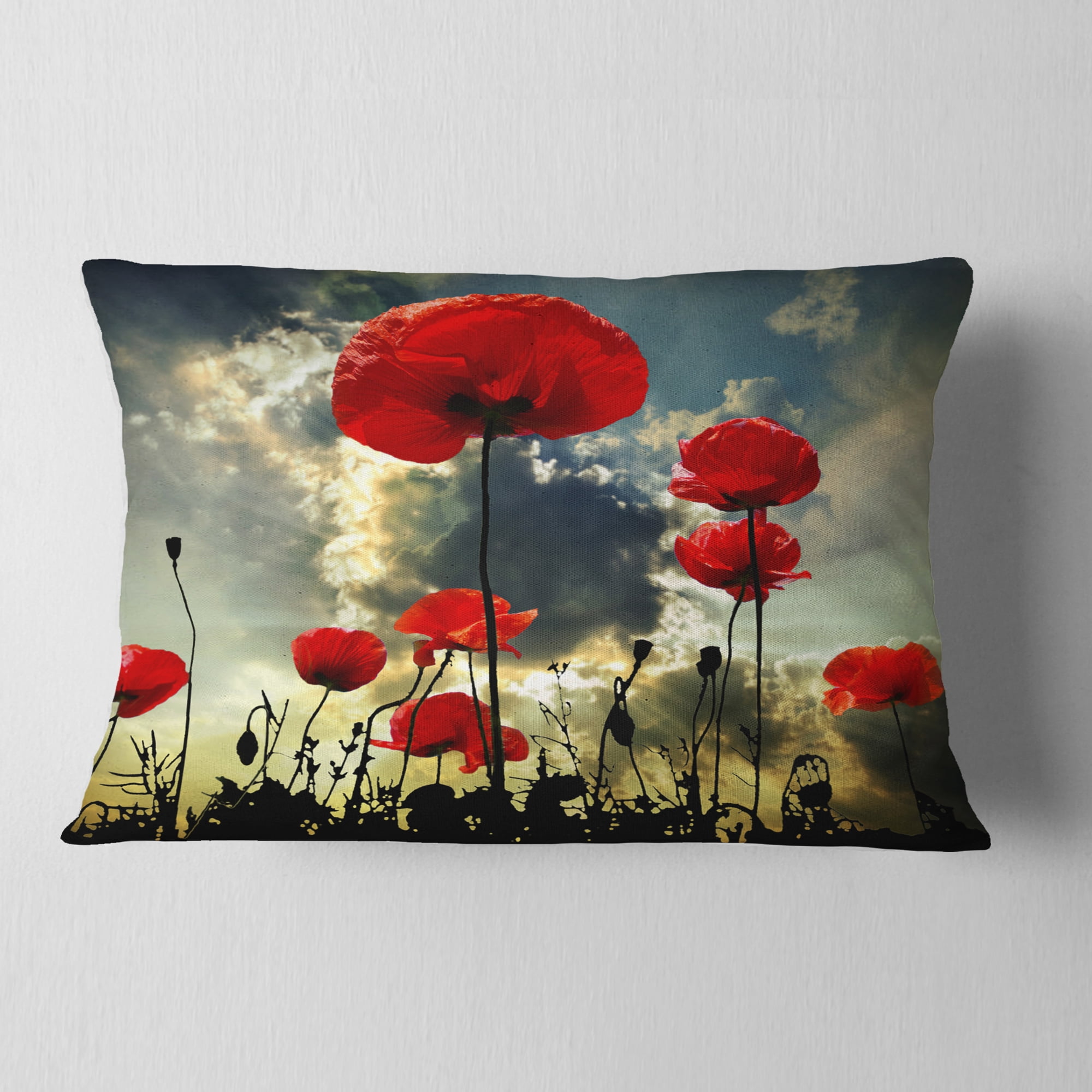 Designart Poppies on Thunderstorm Background - Floral Throw Pillow - 12x20