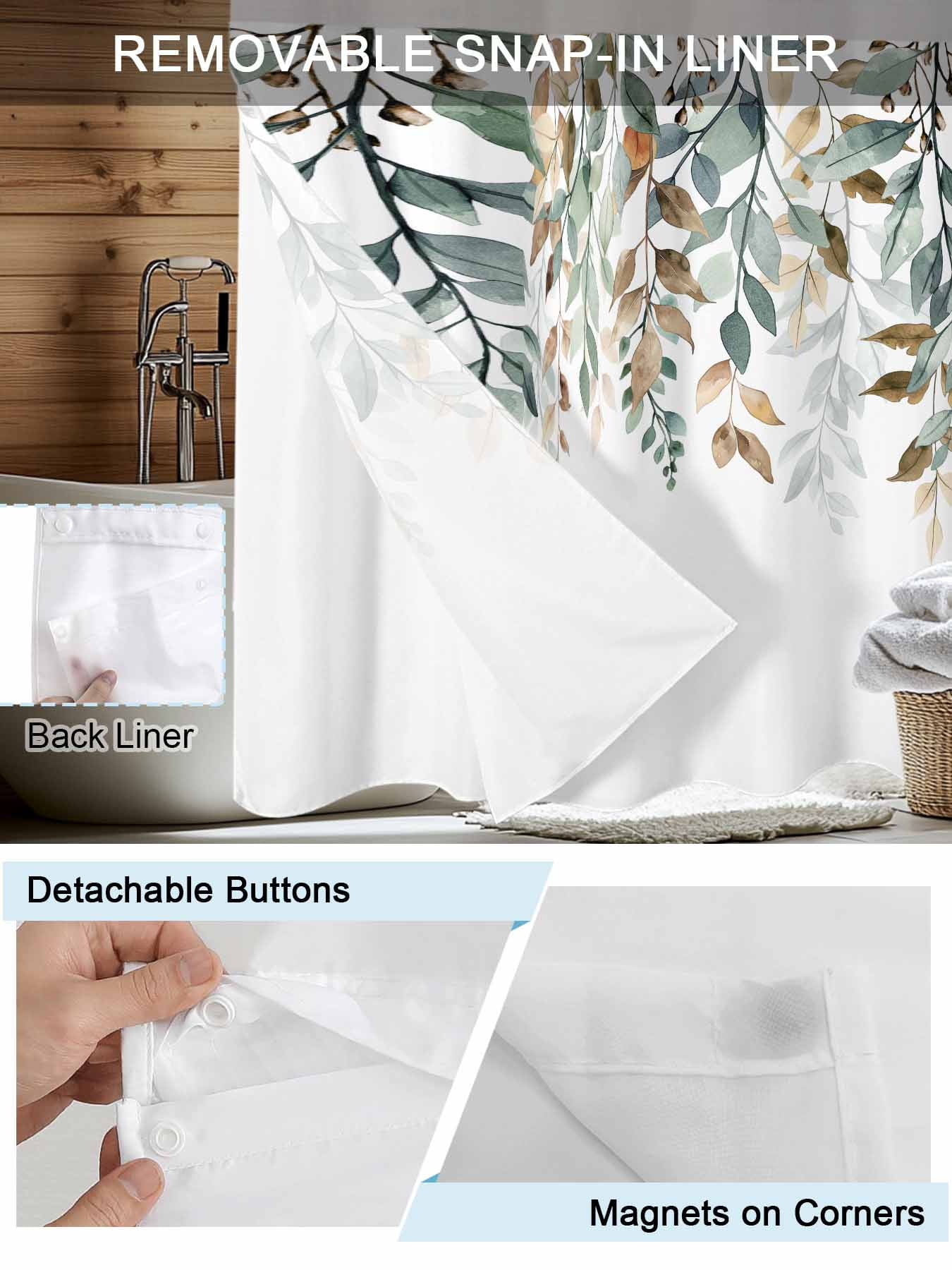 No Hook Shower Curtains with Snap-in Liner Set, Green Brown Botanical Waterproof Hotel Style Bathroom Shower Curtain, Farmhouse Eucalyptus Leaves Breathable Mesh Top Window Bath Curtains 72''x72''