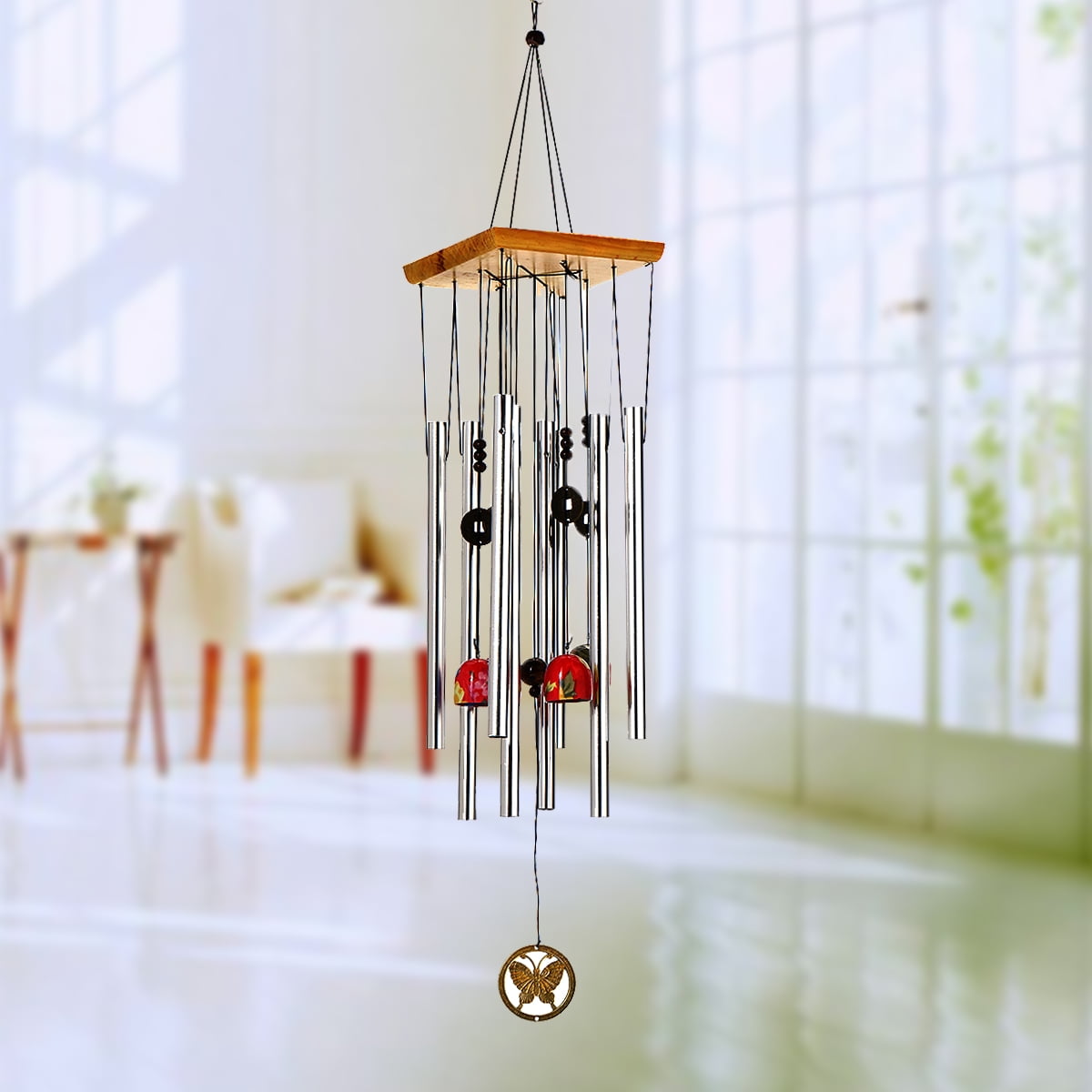 Metal and Wood Wind Chime Tuned Metal Wind Chimes with Silver Finish