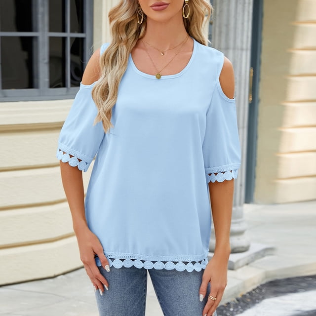 LSLJS Women Printemps et Été Épaules Dénudées Col Rond Dentelle Patchwork Manches 3/4 Ample Tops