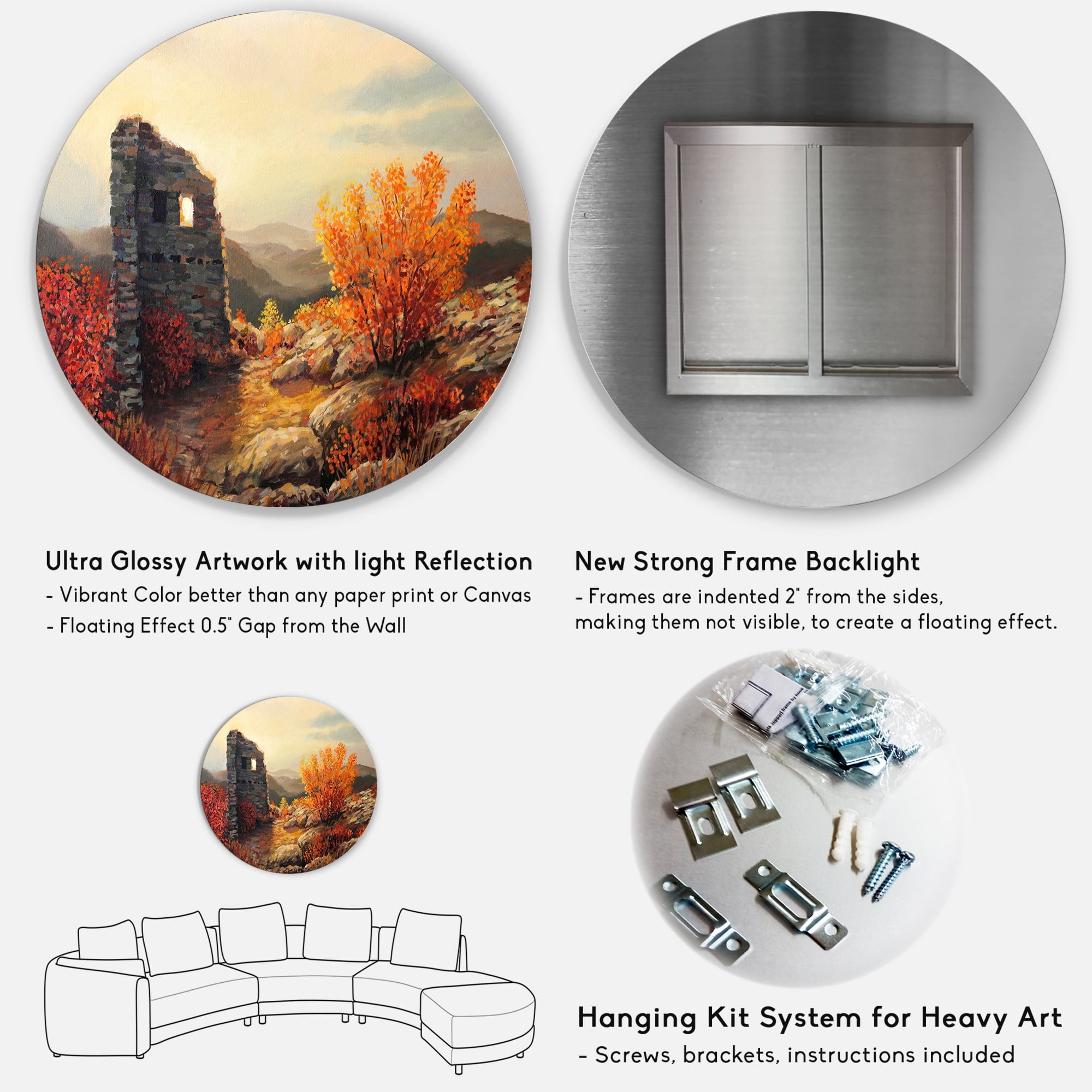Designart 'Sunset Over Old Fortress Ruins' Farmhouse Circle Metal Wall Art 29x29 - Disc of 29