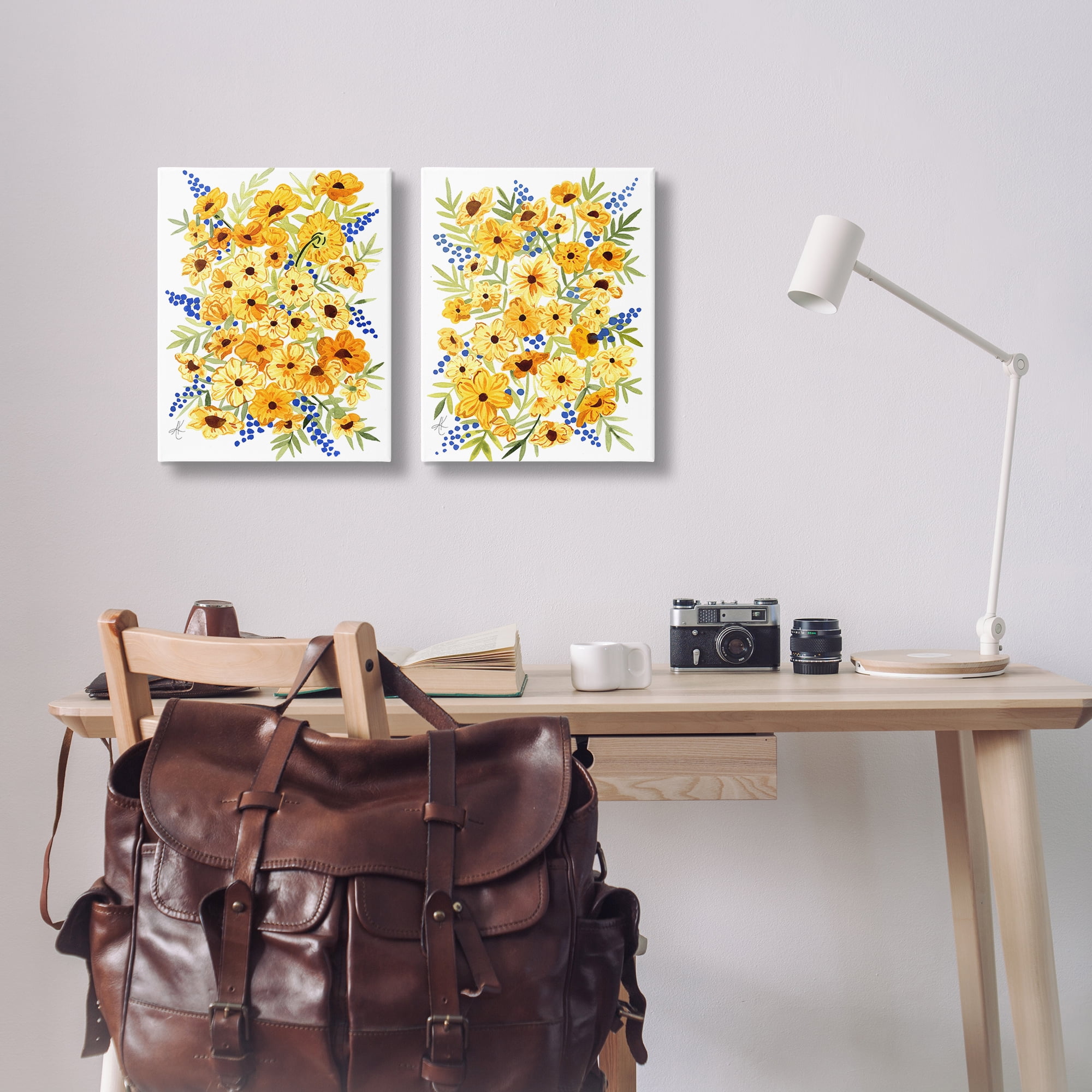 Stupell Industries Golden Cosmos with Blue Berries Plants & Flowers Painting Wrapped Canvas Art Print Wall Art, 16 x 20, Set of 2