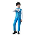 thumbnail image 4 of CUZIBR Boys Formal Dresswear Suit Sleeveless V Neck Button Down Sparkly Sequin Vest + Dress Shirt With Bowtie + Flat Front Trousers Party Show For Kids Outfits Vacation Dailywear,Blue,7-8 Years, 4 of 4