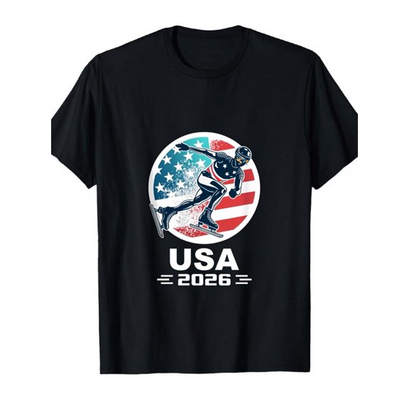 USA Speed Skating 2026 Patriotic American Flag Graphic T-Shirt Retro Winter Sports Apparel for Men and Women
