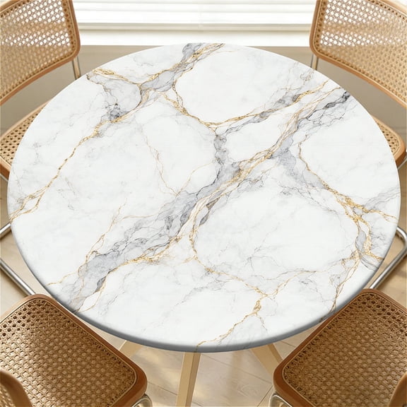 YESAD Elastic Tablecloth For Round Tables, Waterproof Tablecover For Up To 36in Round Table, Dining Tablecover For Indoor And Outdoor, Holiday, White Marble