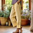thumbnail image 2 of Lumtrix Cropped Cotton Linen Pants Women Drawstring Straight Leg Lace Patchwork Summer Casual Beach Boho Pants Capris with Pockets Yellow XL, 2 of 5