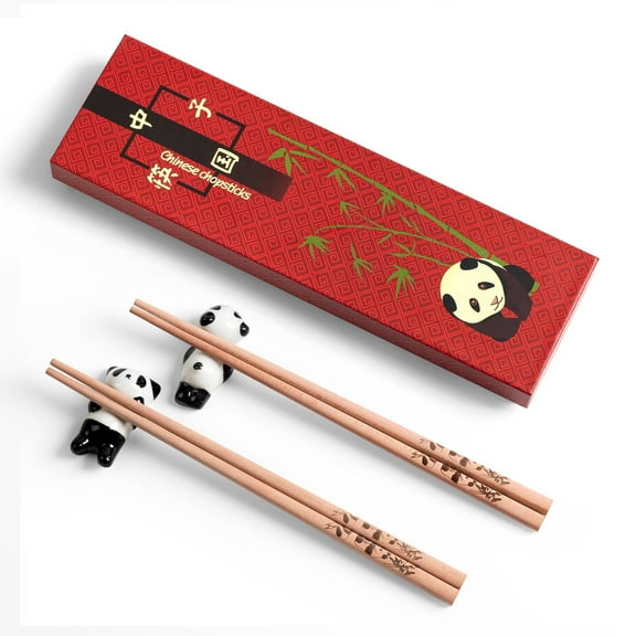 Hefild 2 Pairs of Uncoated Reusable Chopsticks, 9.2 Inch Chop Sticks with Panda Engravings & Holders, Wooden Cooking Chopsticks for Adults Chinese Chopsticks & Rests Gift Set