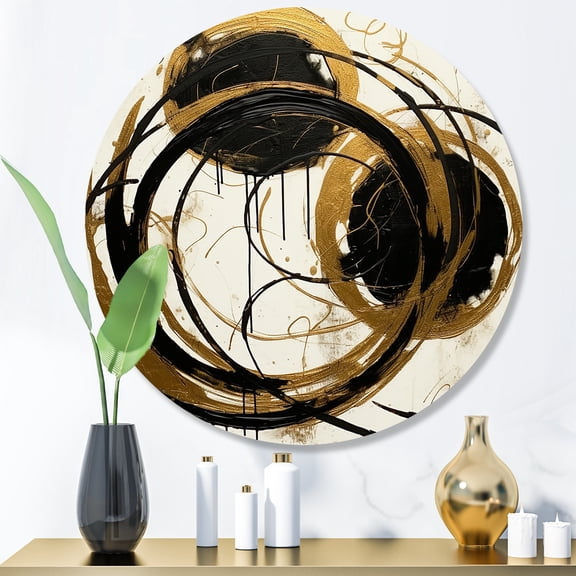 Designart "The Art Of Chaos Black and Gold II" Abstract Painting Metal Round Wall Decor