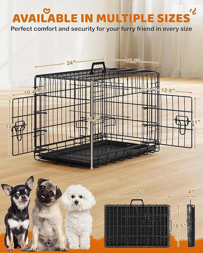 SONGMY 24 inch Dog Crate Double Door w/Divider for Puppy Collapsible Metal Crate with Removable Tray Wire Kennel Pet Crate for Small Dogs Portable Travel Cage, Black