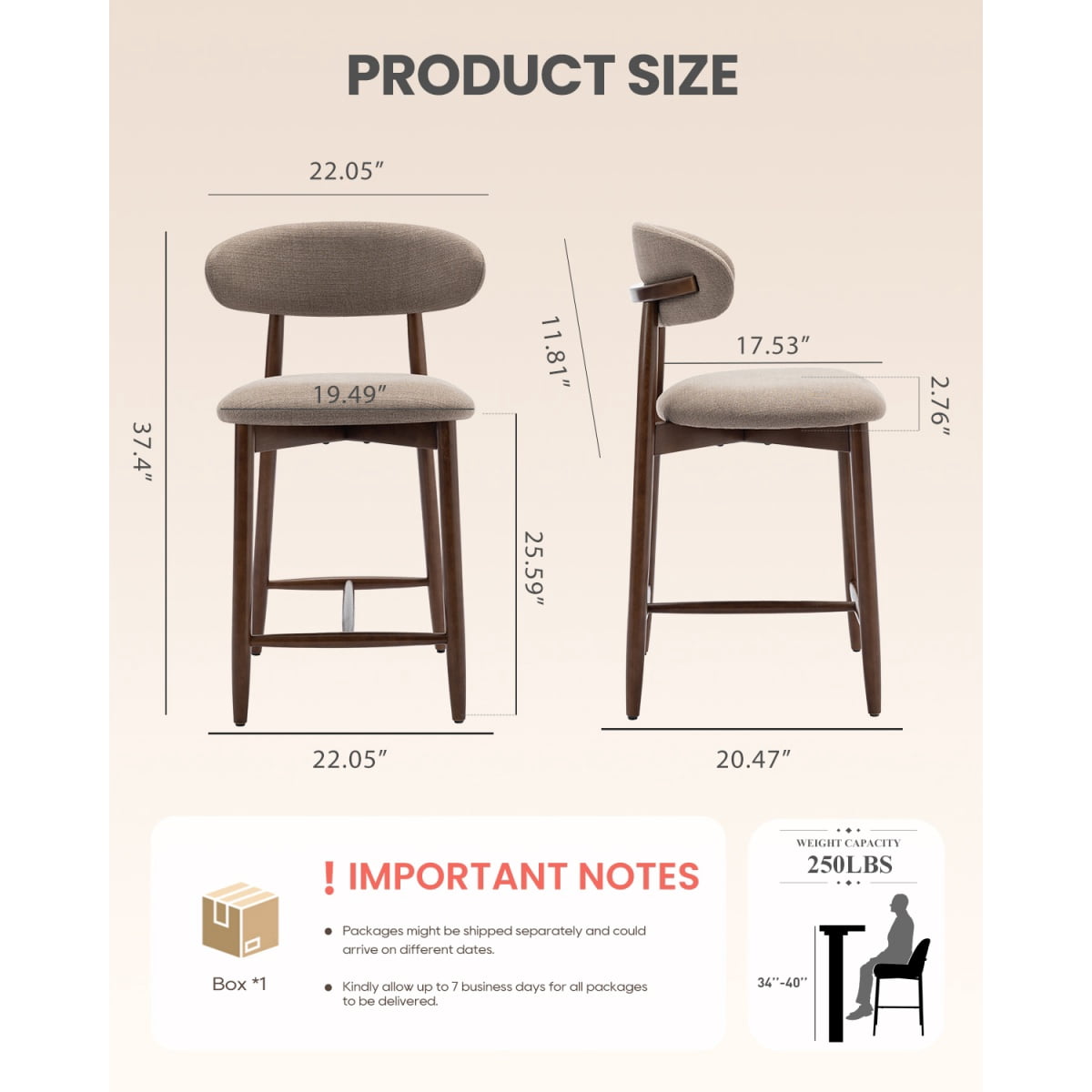 EOP Modern Bar Stools Set of 2, Upholstered 25.59″ Counter Height Bar Stools, Kitchen Island Barstools with Wood Legs for Kitchen Island Dining Room Bar, Camel
