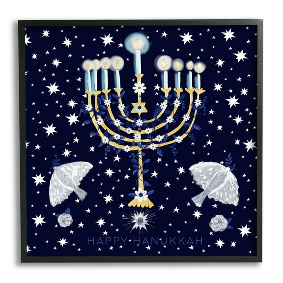 Stupell Industries Happy Hanukkah Starry Menorah Holiday Painting Black Framed Art Print Wall Art