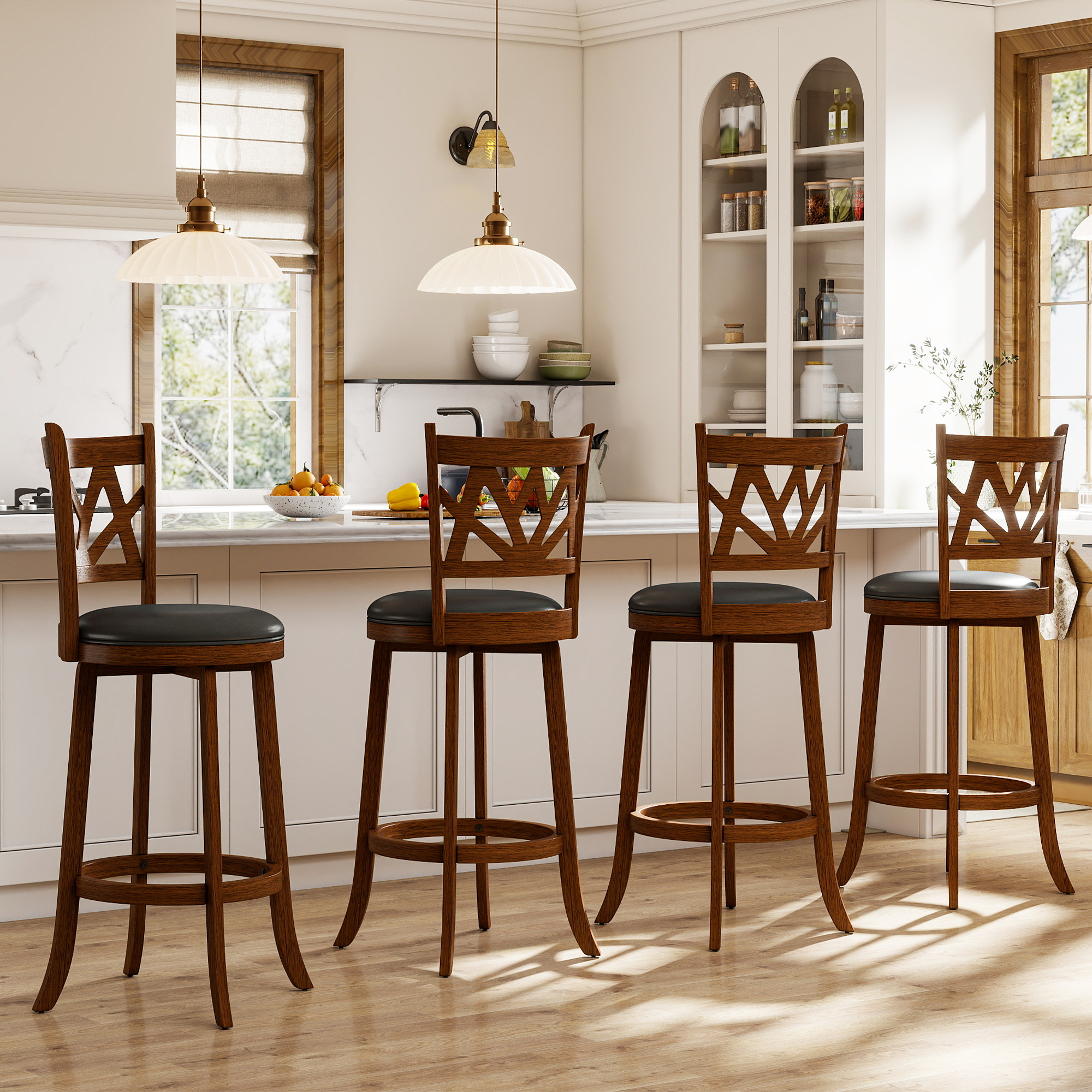 Joywind Farmhouse Swivel Bar Stools Set of 2, 30" Carved Lotus Barstools, Faux Leather Upholstered Bar Chairs with Solid Footrest & Wood Legs, Rustic Brown