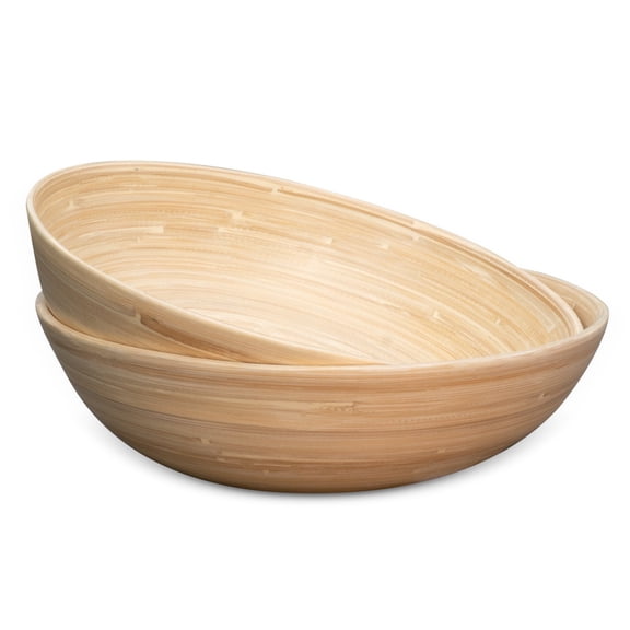 LEXA 12" Handmade Bamboo Salad Bowl – 130 oz Large Wooden Fruit Bowl for Kitchen Counter, Natural Bamboo, Pack of 2