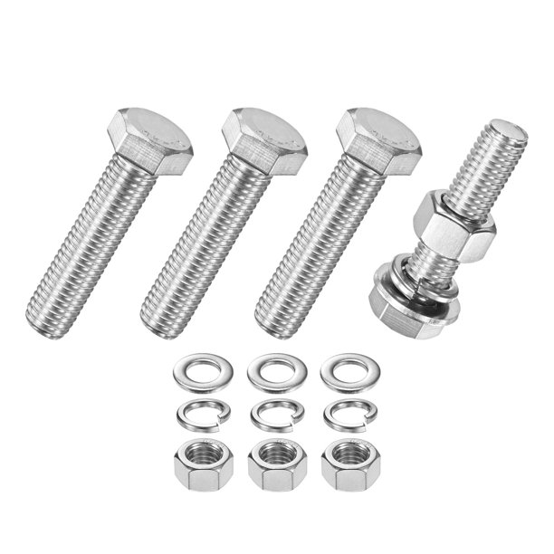 Uxcell 4-Pack Tornillo de Cabeza Hexagonal con Tuercas, Arandelas Planas y de Bloqueo M12x50mm