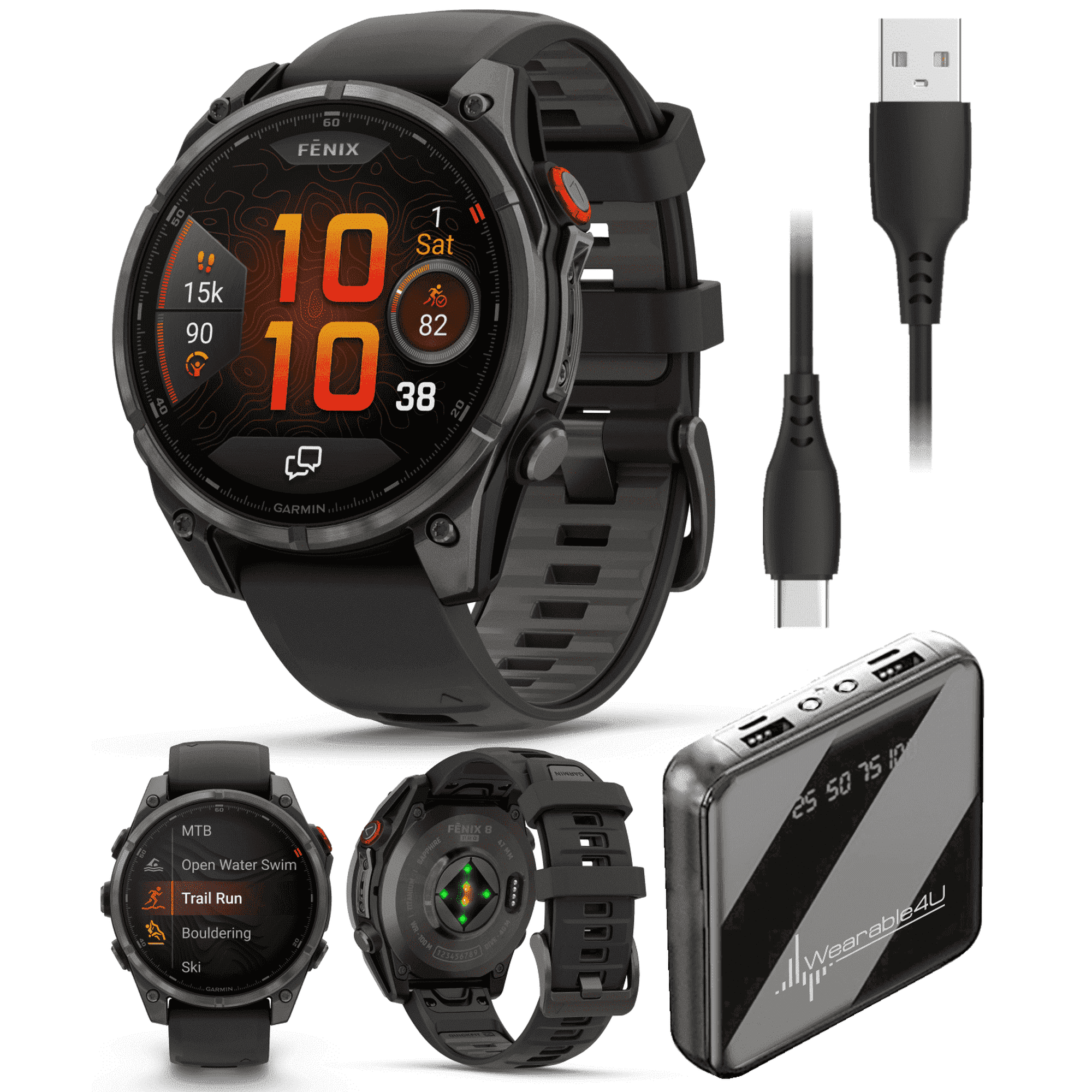 Garmin Fenix 8 Pro 47mm AMOLED Sapphire Premium Connected Multisport GPS Smartwatch, inReach, Carbon Gray DLC Titanium & Black/Pebble Gray Silicone Band w/ Wearable4U PowerBank Bundle