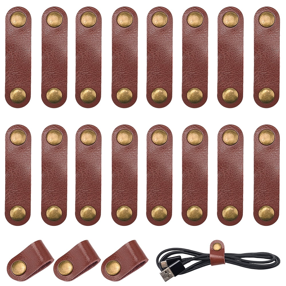 30Pcs Cowhide Leather Cord Organizers Cable Wire Management Wrap with Alloy Snap Button Oval Saddle Brown 62x16x6mm DIY