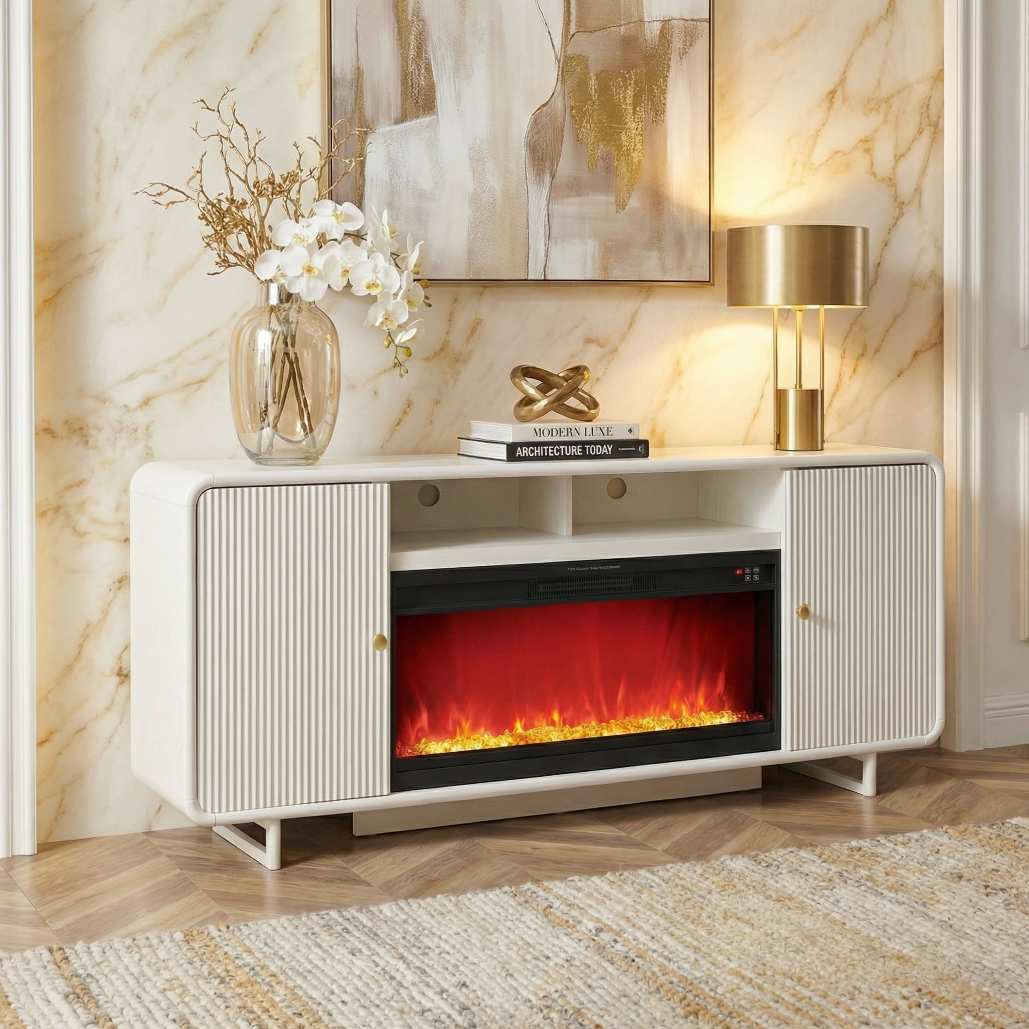 SinCiDo 70" Electric Fireplace TV Stand, Modern TV Stand up to 80" with Fireplace, Wood Media Console w/Curved Profile Design for Living Room