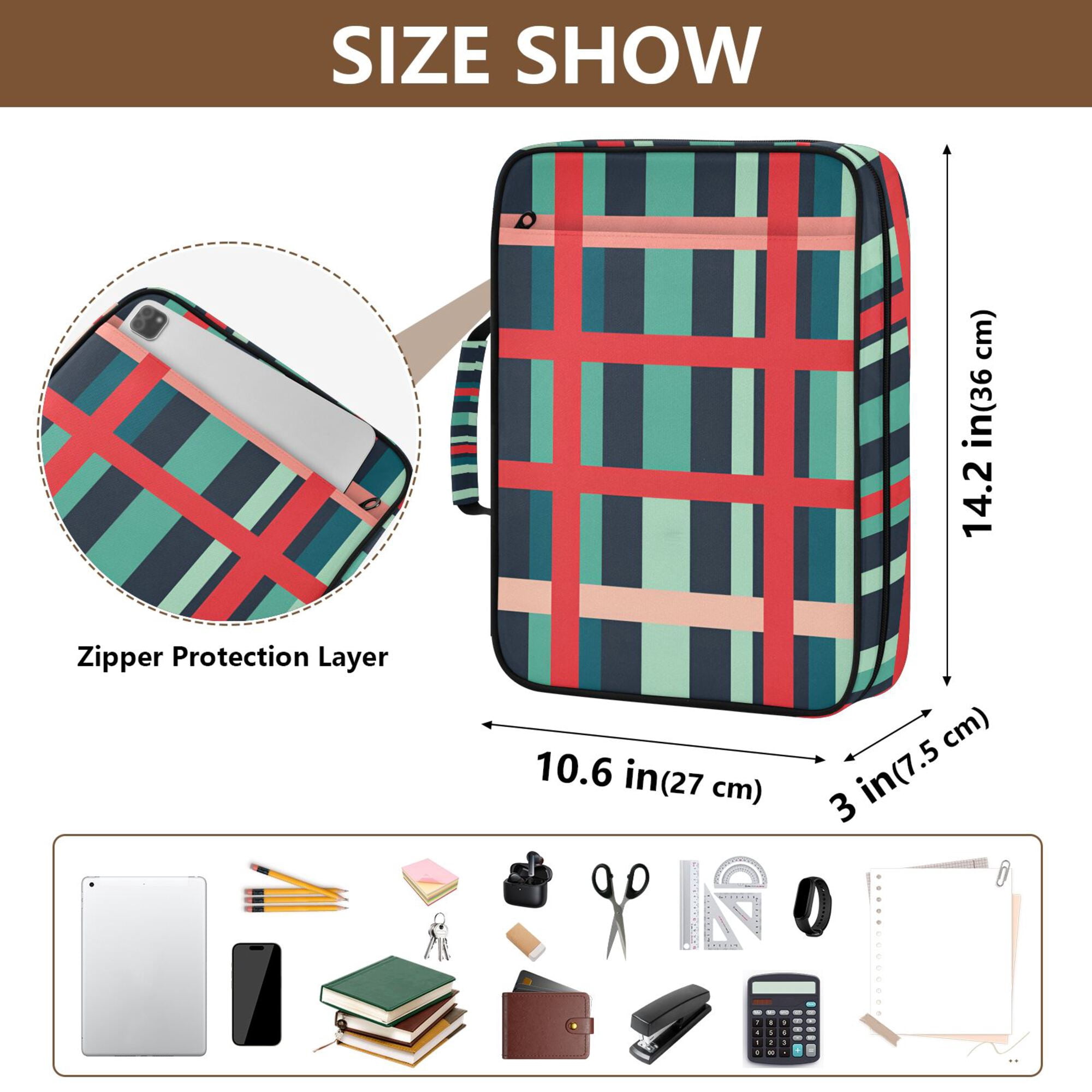 FORMRS Accordion File Folder A4 Size 7-Pocket Expanding Document Organizer Bag with 3 Ring Binder, Green Plaid